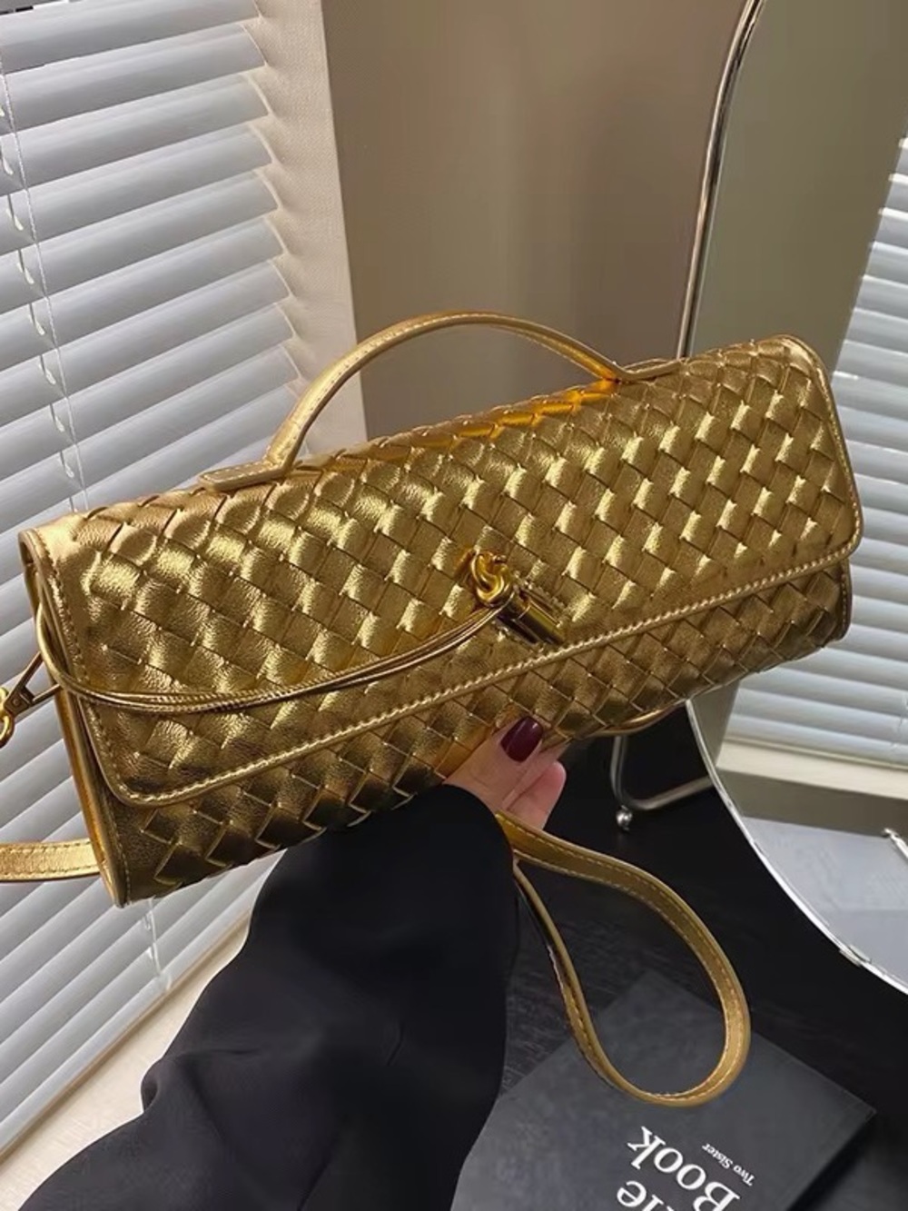 Woven Metallic Gold Evening Clutch with Top Handle